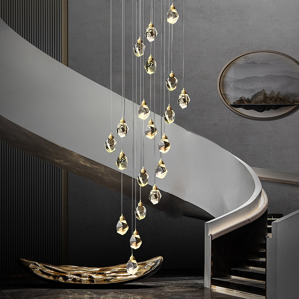 Luxury Modern Spiral Crystal Staircase Chandelier Gold Electroplated Metal Light for High Ceiling Foyer
