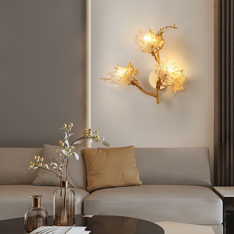 Luxury Postmodern Maple Leaf Glass Wall Light Three Color Dimming Gold Sconce for Bedside