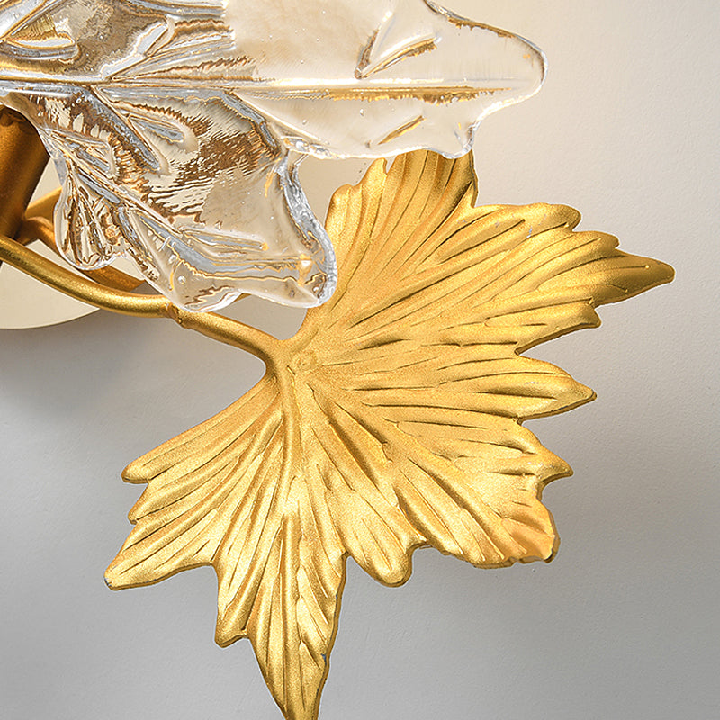Luxury Postmodern Maple Leaf Glass Wall Light Three Color Dimming Gold Sconce for Bedside
