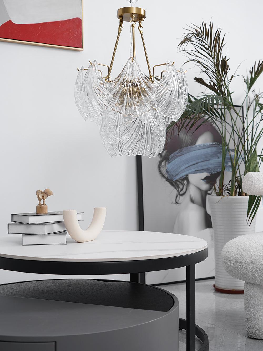 luxury-ribbed-glass-shell-pendant-chandelier-brass-finish-modern-ceiling-light-fixture
