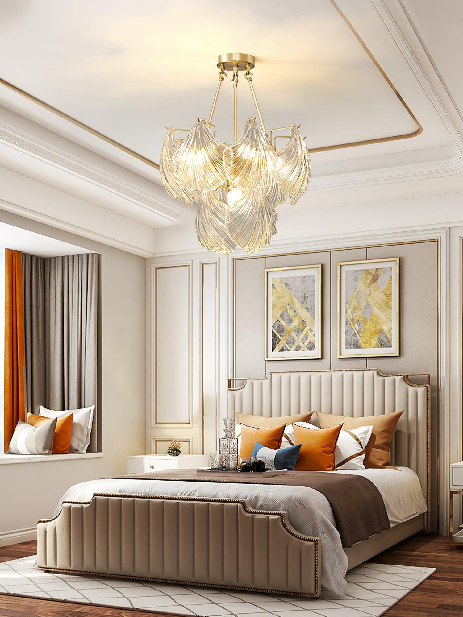 luxury-ribbed-glass-shell-pendant-chandelier-brass-finish-modern-ceiling-light-fixture