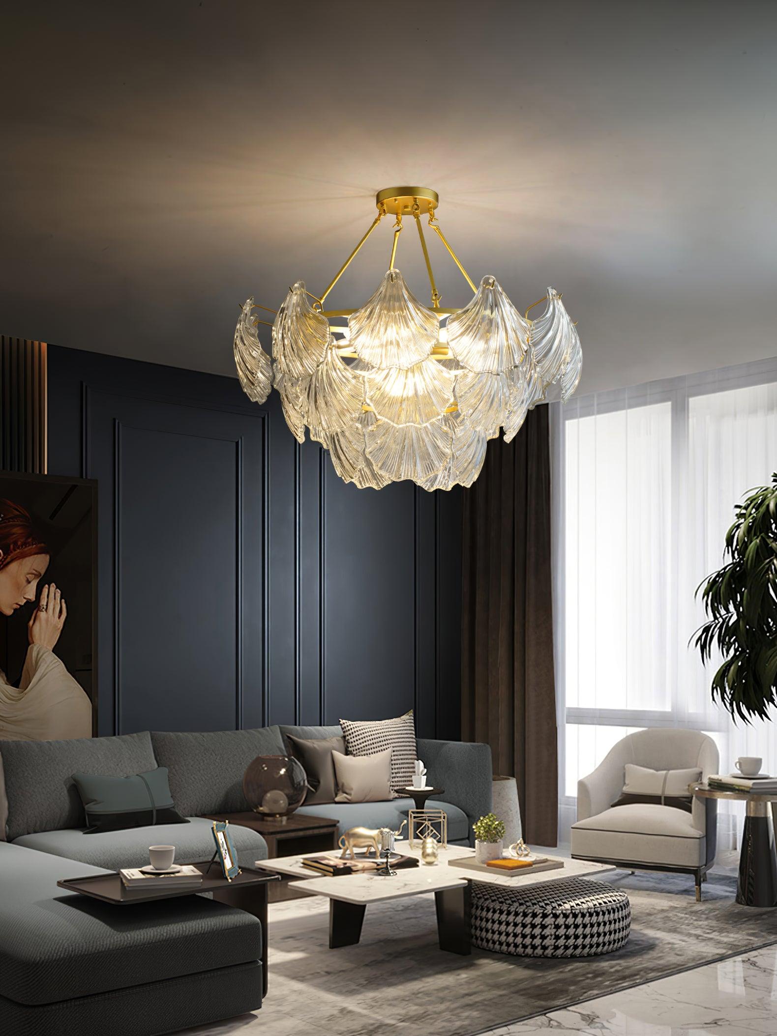 luxury-ribbed-glass-shell-pendant-chandelier-brass-finish-modern-ceiling-light-fixture