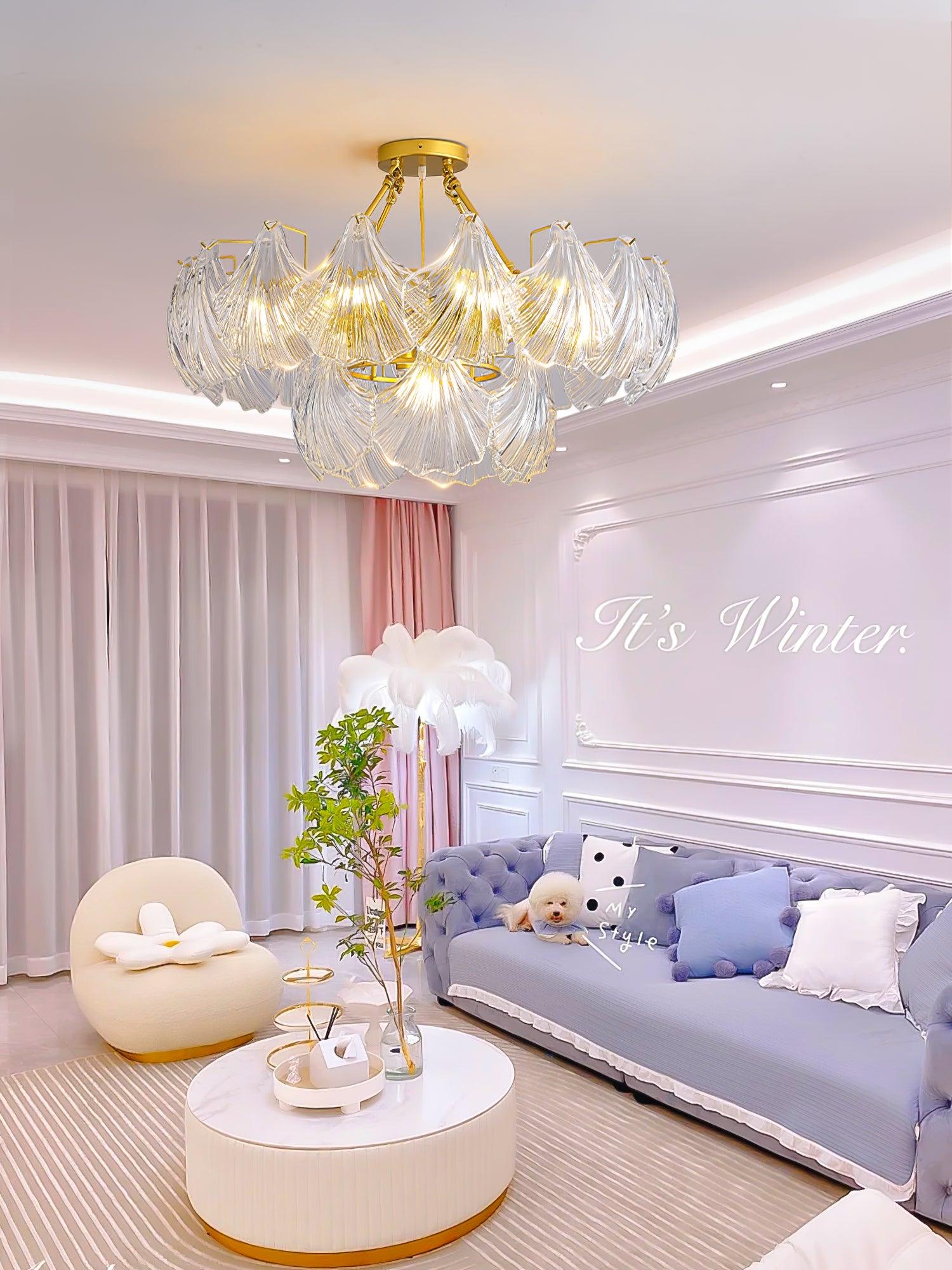 luxury-ribbed-glass-shell-pendant-chandelier-brass-finish-modern-ceiling-light-fixture
