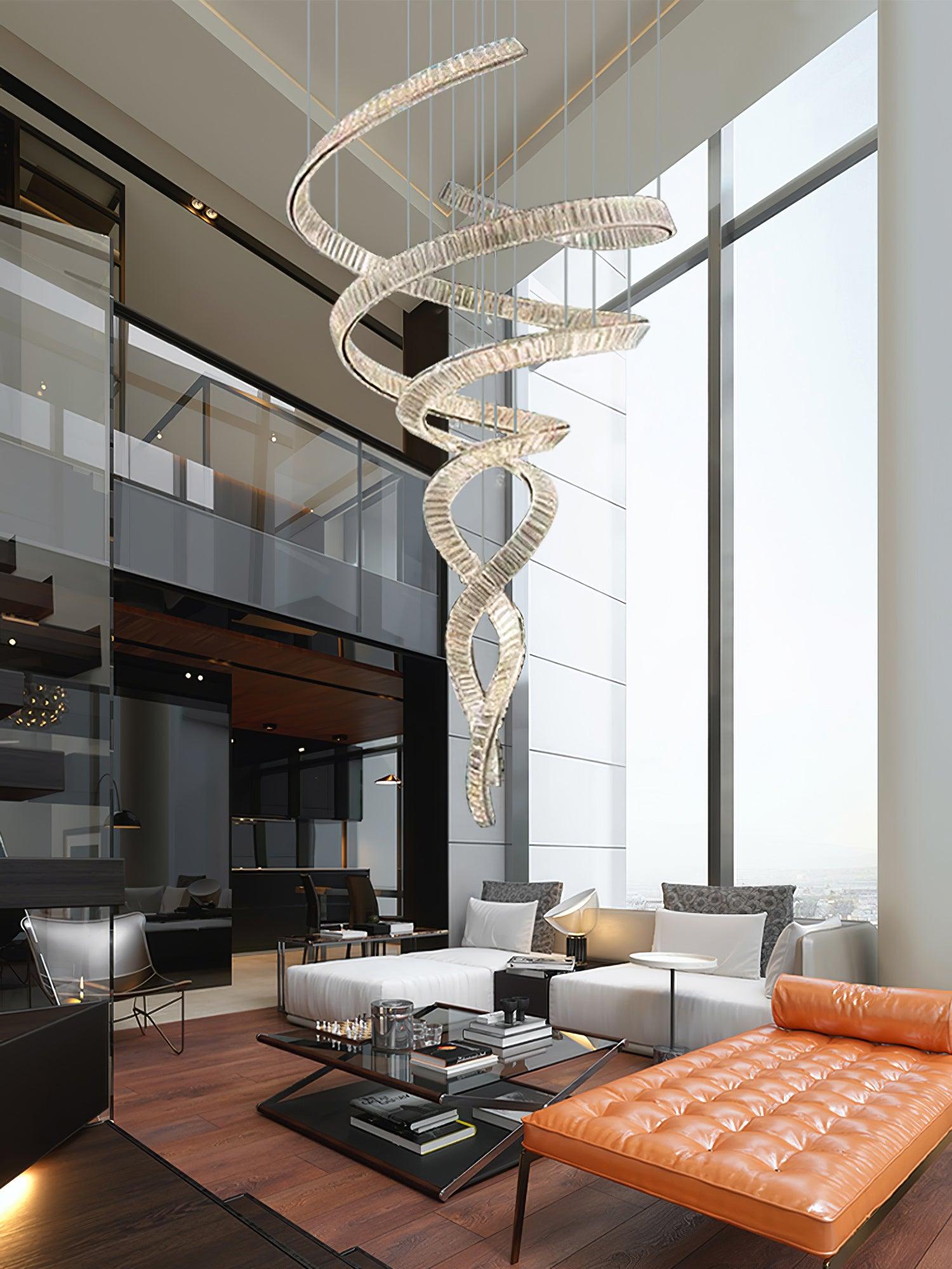 Luxury Spiral Crystal LED Chandelier Large Modern Ceiling Light for High Ceilings