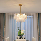 Luxury Tiered Carved Glass Chandelier Modern Wrought Iron Hanging Ceiling Lamp