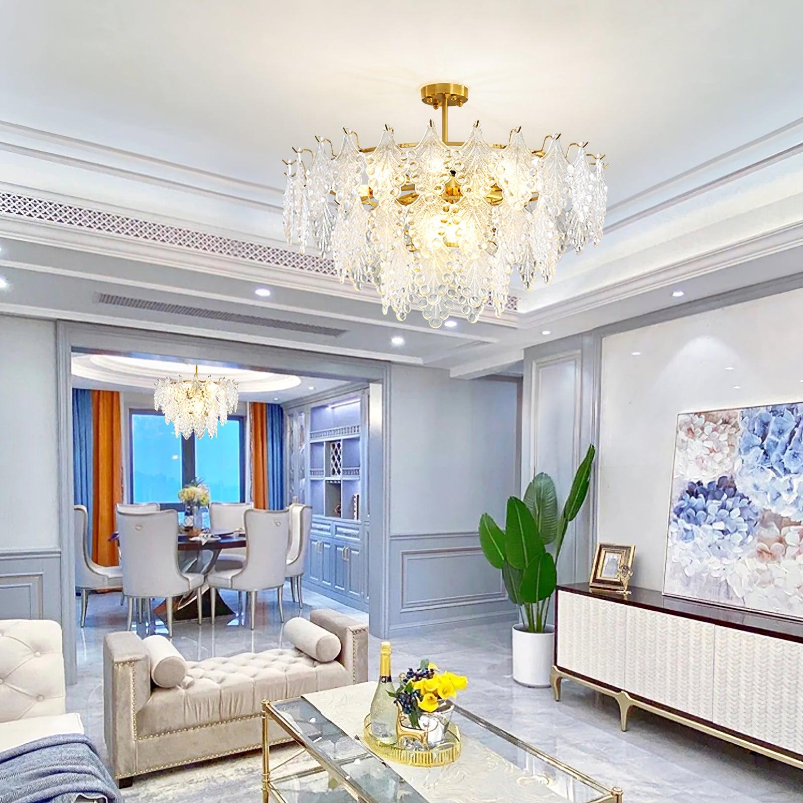Luxury Tiered Carved Glass Chandelier Modern Wrought Iron Hanging Ceiling Lamp