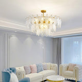 Luxury Tiered Carved Glass Chandelier Modern Wrought Iron Hanging Ceiling Lamp