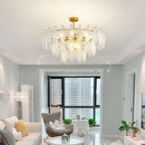 Luxury Tiered Carved Glass Chandelier Modern Wrought Iron Hanging Ceiling Lamp