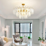 Luxury Tiered Carved Glass Chandelier Modern Wrought Iron Hanging Ceiling Lamp
