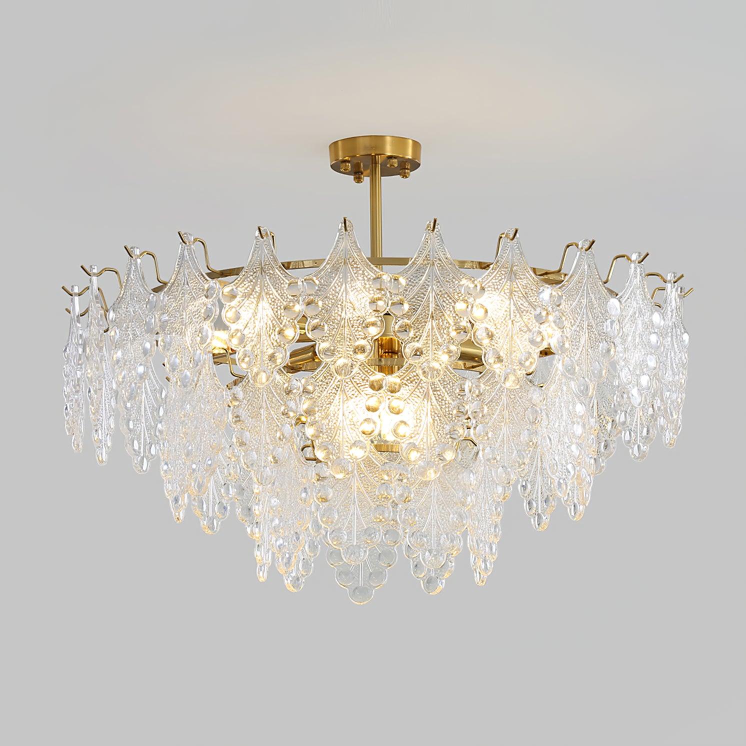 Luxury Tiered Carved Glass Chandelier Modern Wrought Iron Hanging Ceiling Lamp