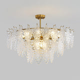 Luxury Tiered Carved Glass Chandelier Modern Wrought Iron Hanging Ceiling Lamp