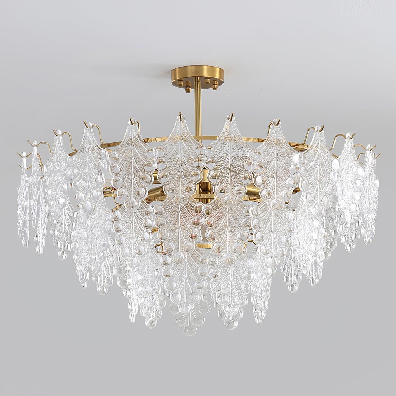 Luxury Tiered Carved Glass Chandelier Modern Wrought Iron Hanging Ceiling Lamp