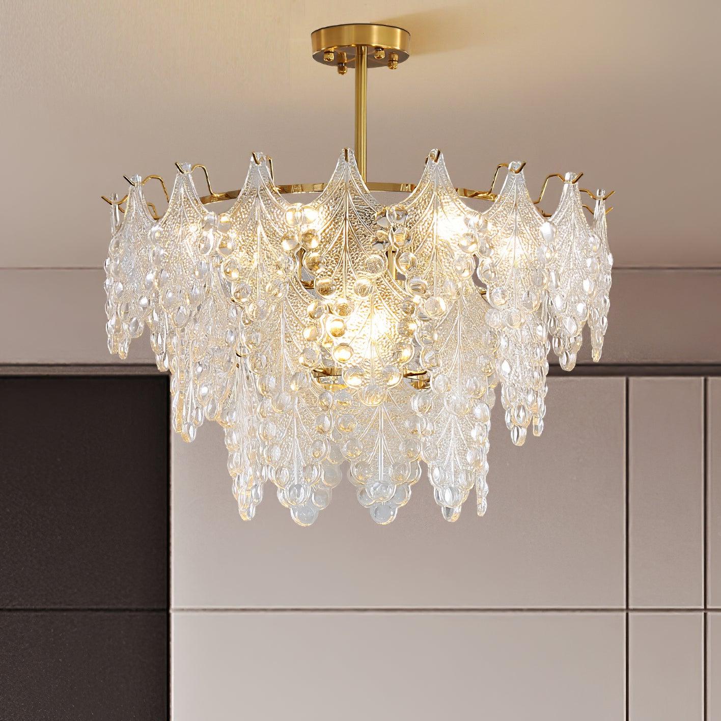 Luxury Tiered Carved Glass Chandelier Modern Wrought Iron Hanging Ceiling Lamp