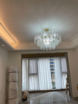 Luxury Tiered Carved Glass Chandelier Modern Wrought Iron Hanging Ceiling Lamp