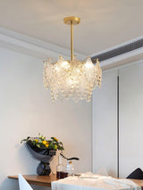 Luxury Tiered Carved Glass Chandelier Modern Wrought Iron Hanging Ceiling Lamp
