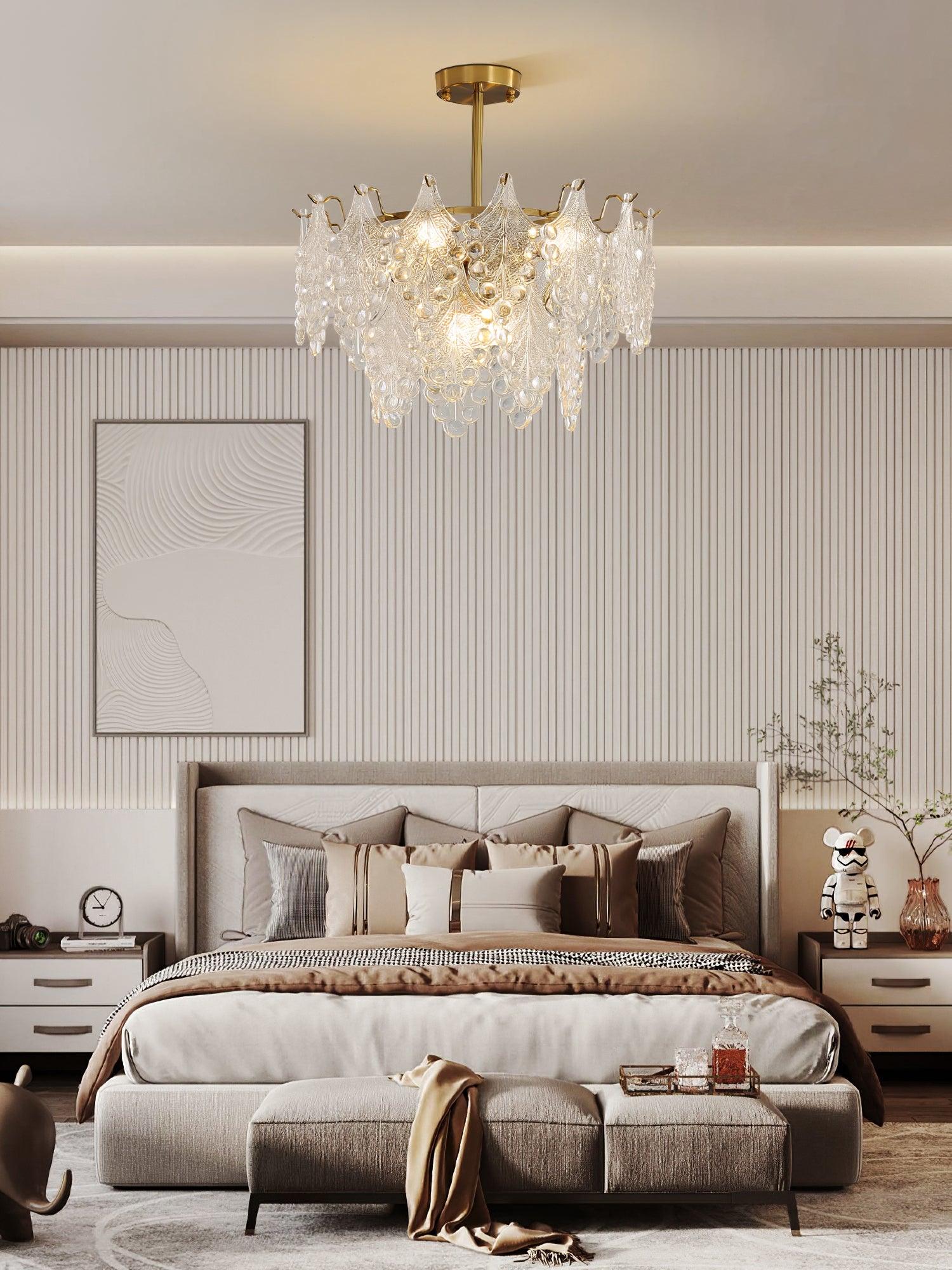 Luxury Tiered Carved Glass Chandelier Modern Wrought Iron Hanging Ceiling Lamp