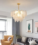 Luxury Tiered Carved Glass Chandelier Modern Wrought Iron Hanging Ceiling Lamp