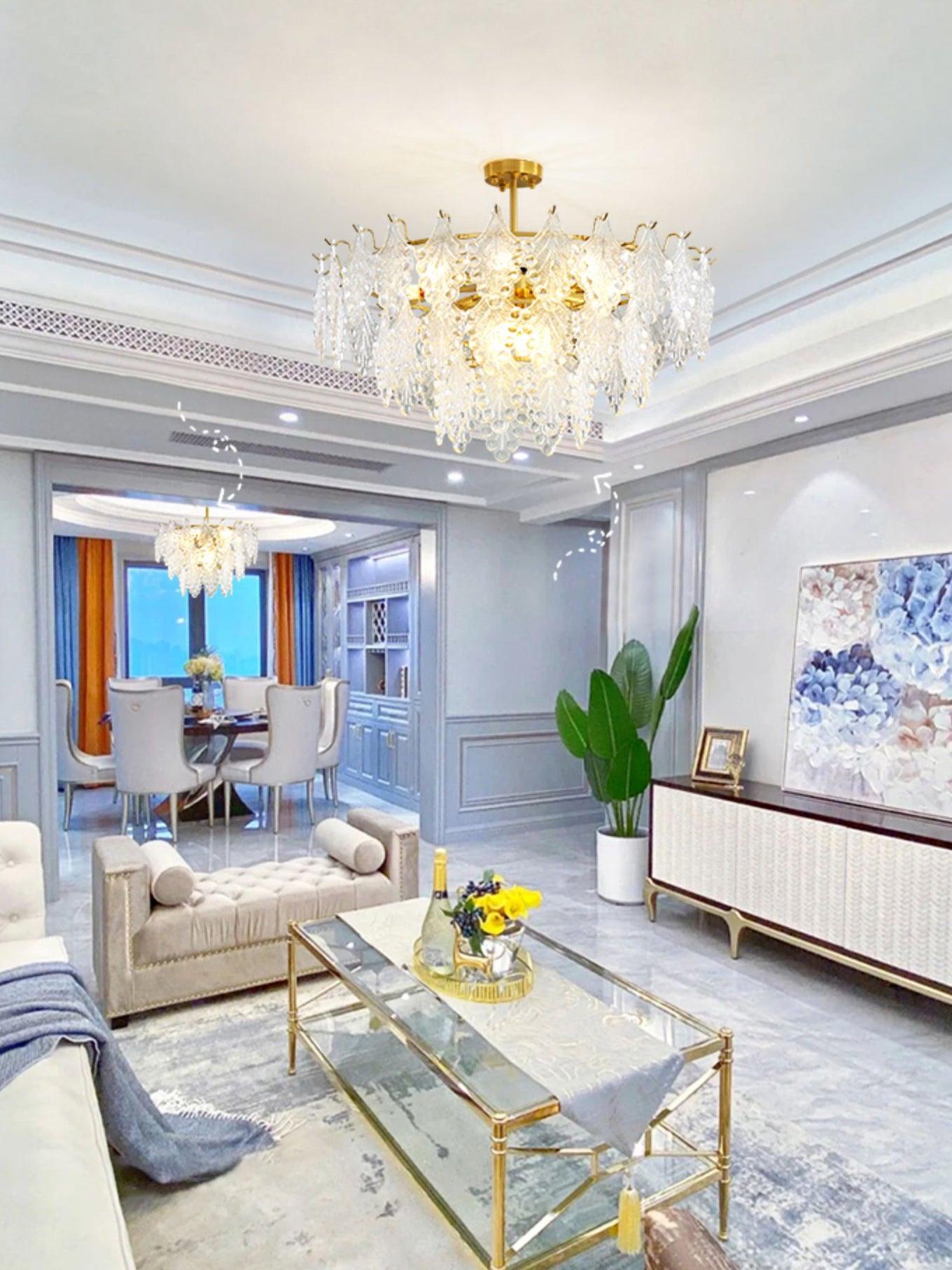 Luxury Tiered Carved Glass Chandelier Modern Wrought Iron Hanging Ceiling Lamp