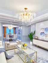Luxury Tiered Carved Glass Chandelier Modern Wrought Iron Hanging Ceiling Lamp