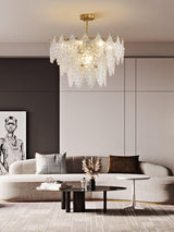 Luxury Tiered Carved Glass Chandelier Modern Wrought Iron Hanging Ceiling Lamp