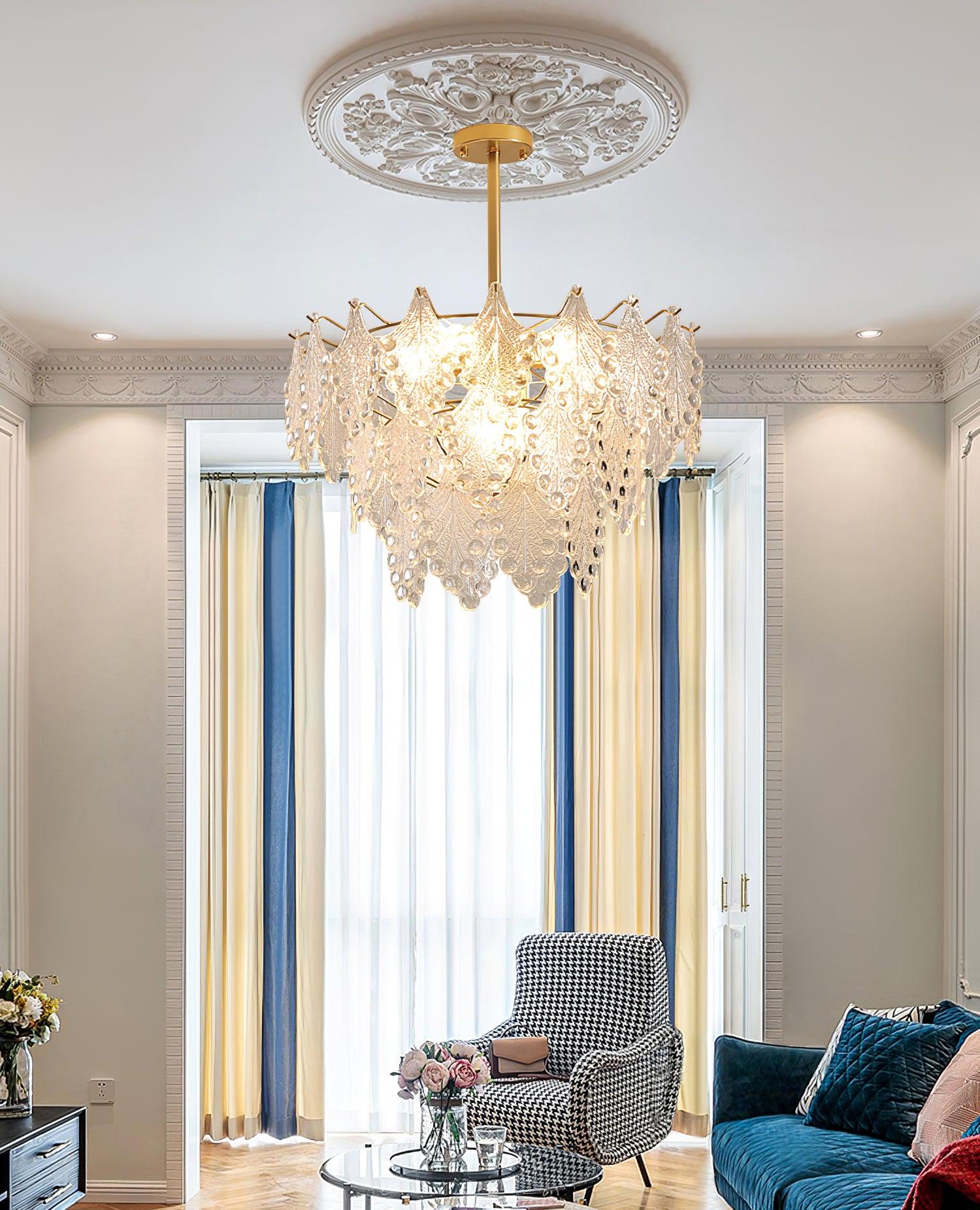 Luxury Tiered Carved Glass Chandelier Modern Wrought Iron Hanging Ceiling Lamp