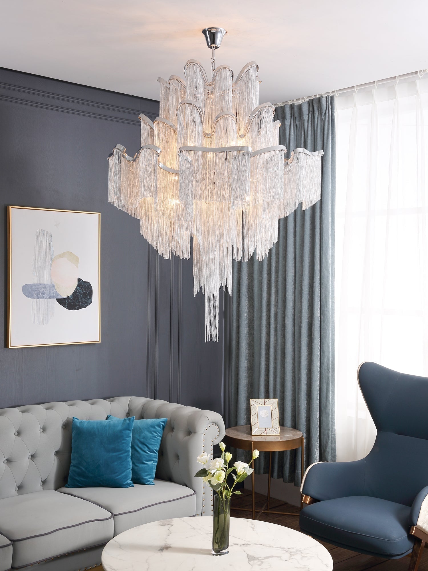 Luxury Waterfall Metal Chain Chandelier Modern Cascading Pendant Light for Dining Room