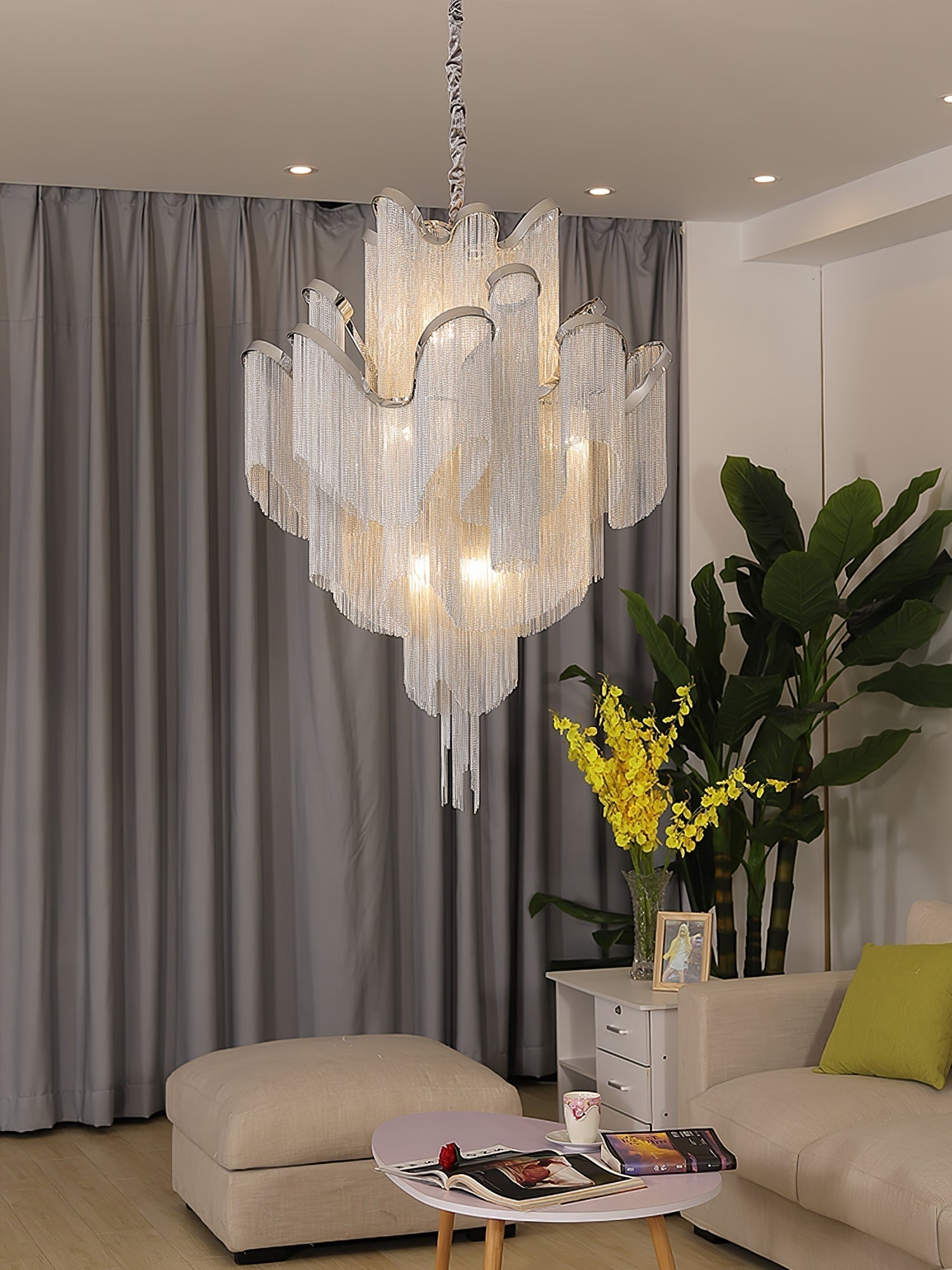 Luxury Waterfall Metal Chain Chandelier Modern Cascading Pendant Light for Dining Room