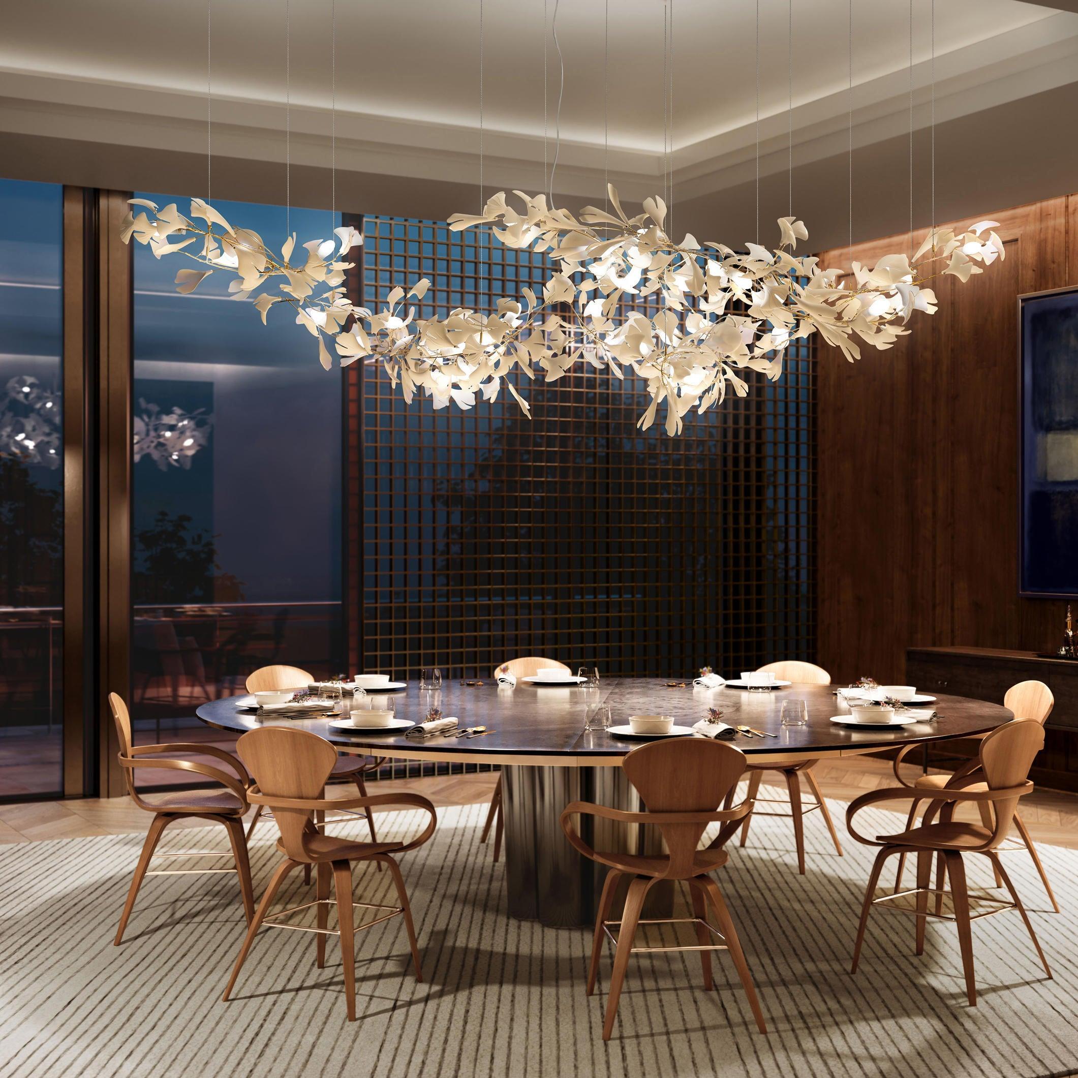 Luxury White Ceramic Ginkgo Leaf Chandelier with Gold Metal Frame for Dining Rooms