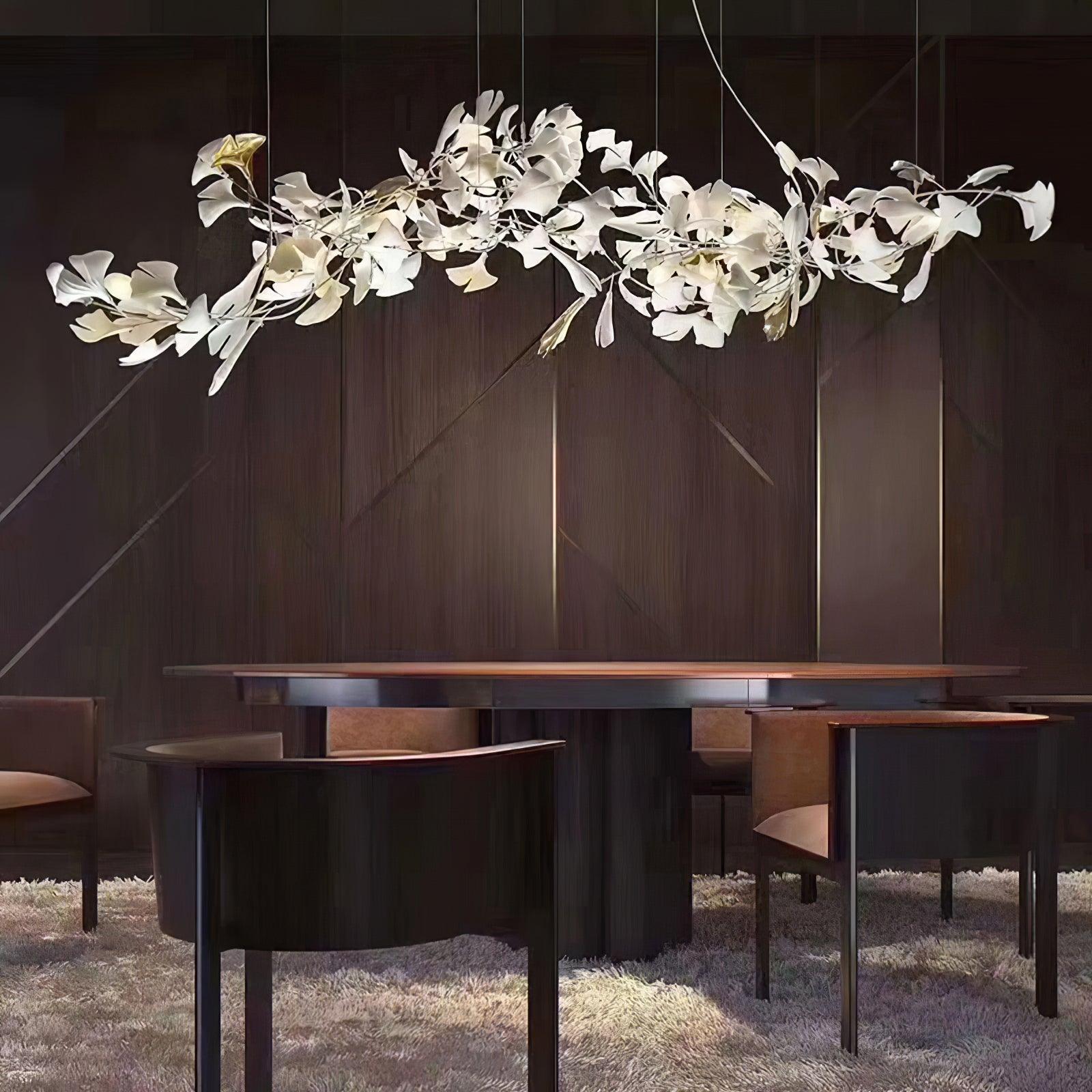 Luxury White Ceramic Ginkgo Leaf Chandelier with Gold Metal Frame for Dining Rooms