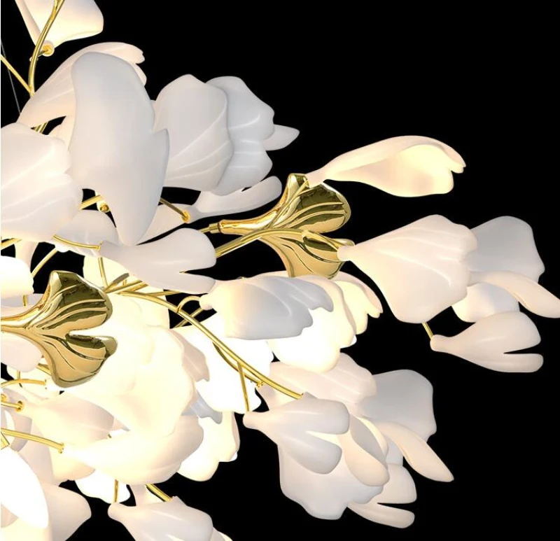 Luxury White Ceramic Ginkgo Leaf Chandelier with Gold Metal Frame for Dining Rooms