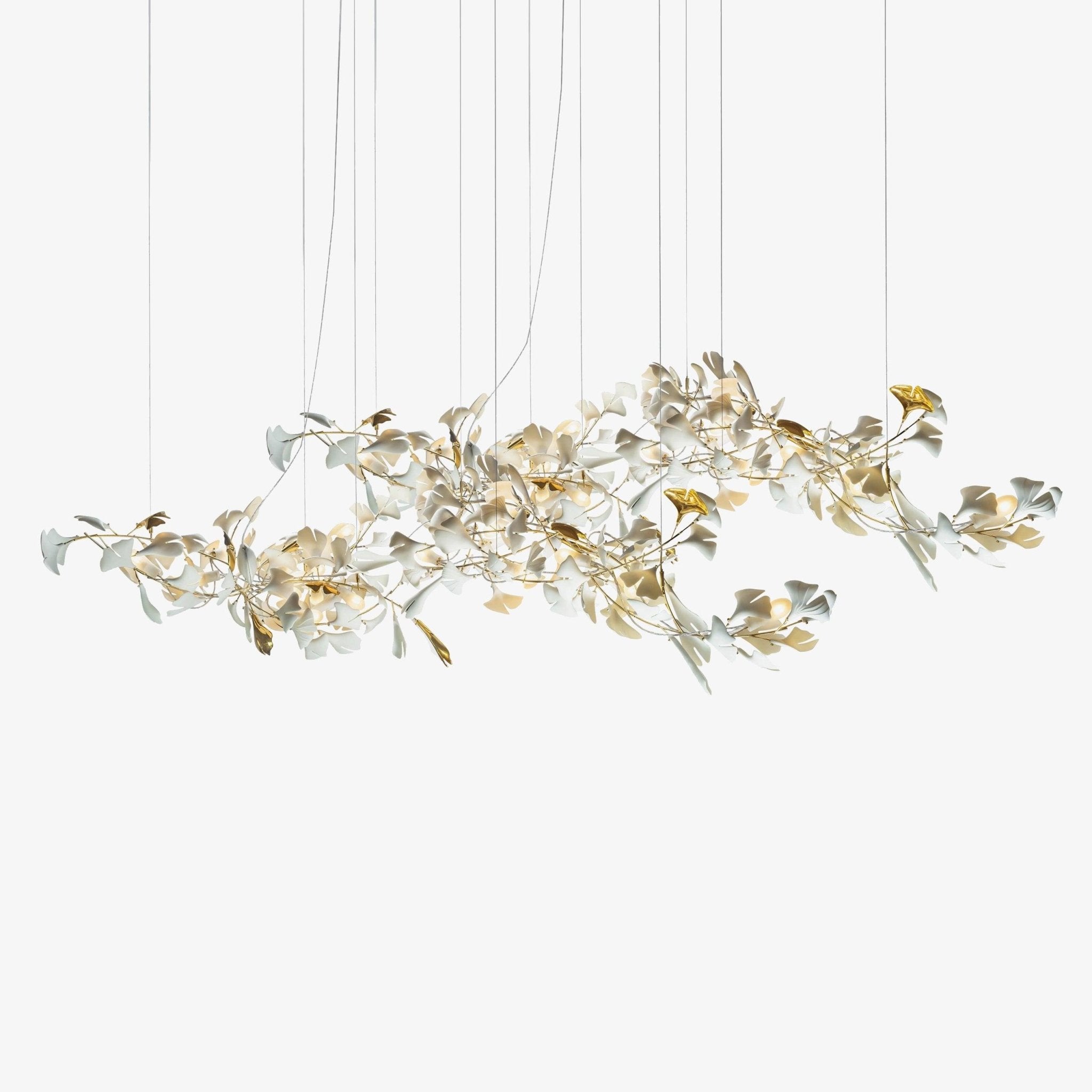 Luxury White Ceramic Ginkgo Leaf Chandelier with Gold Metal Frame for Dining Rooms