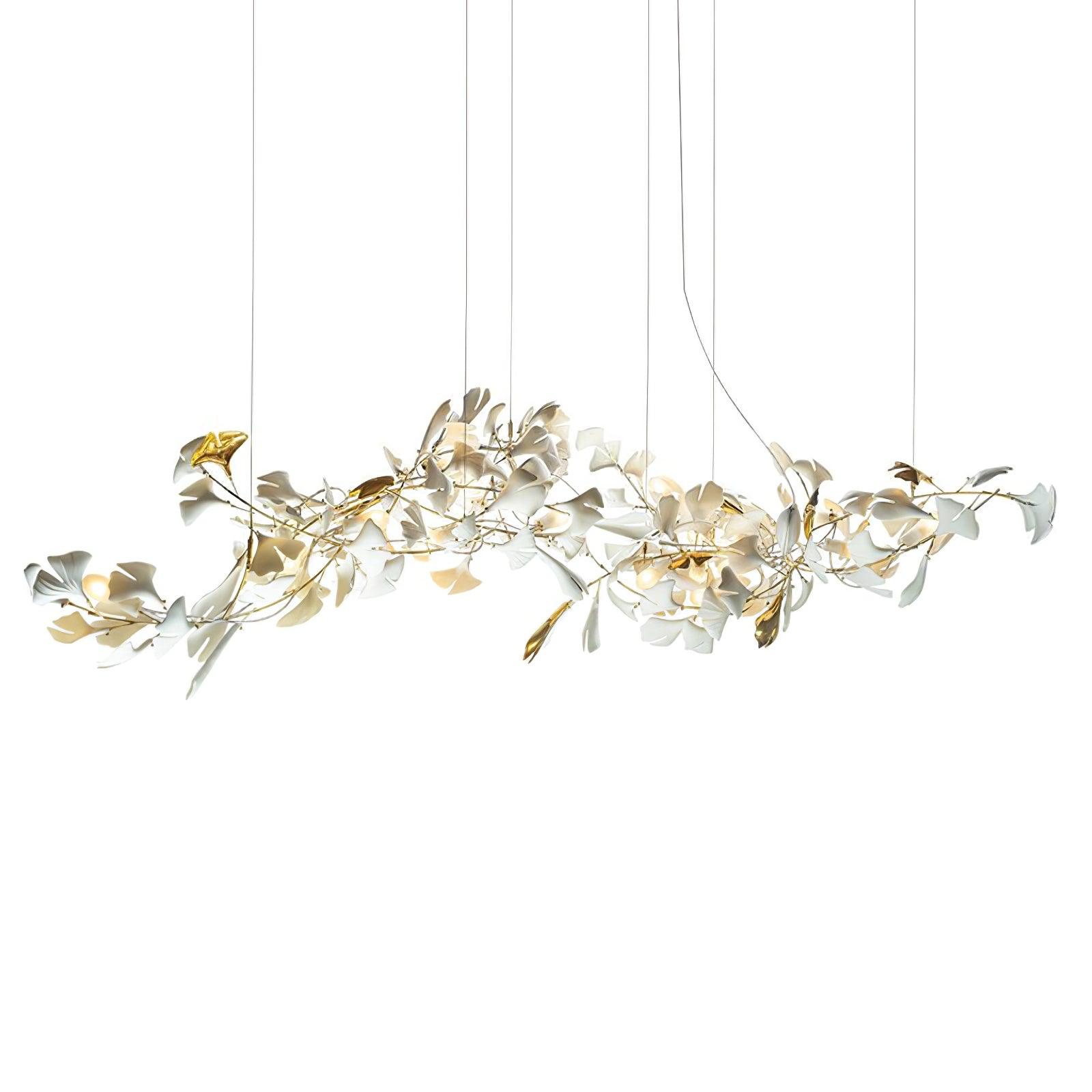 Luxury White Ceramic Ginkgo Leaf Chandelier with Gold Metal Frame for Dining Rooms