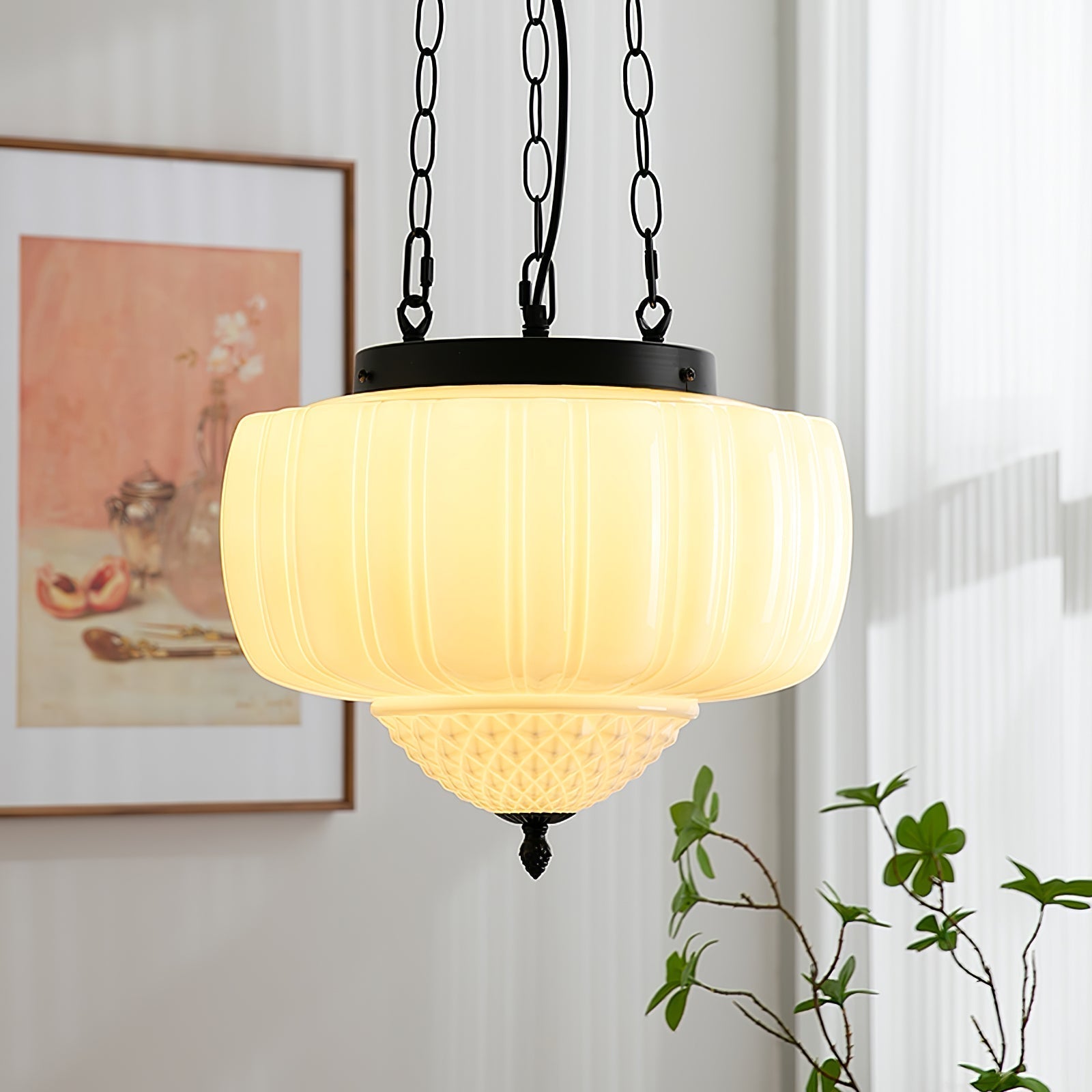Marlo Fluted White Glass Ceiling Pendant Light with Elegant Black Metal Frame