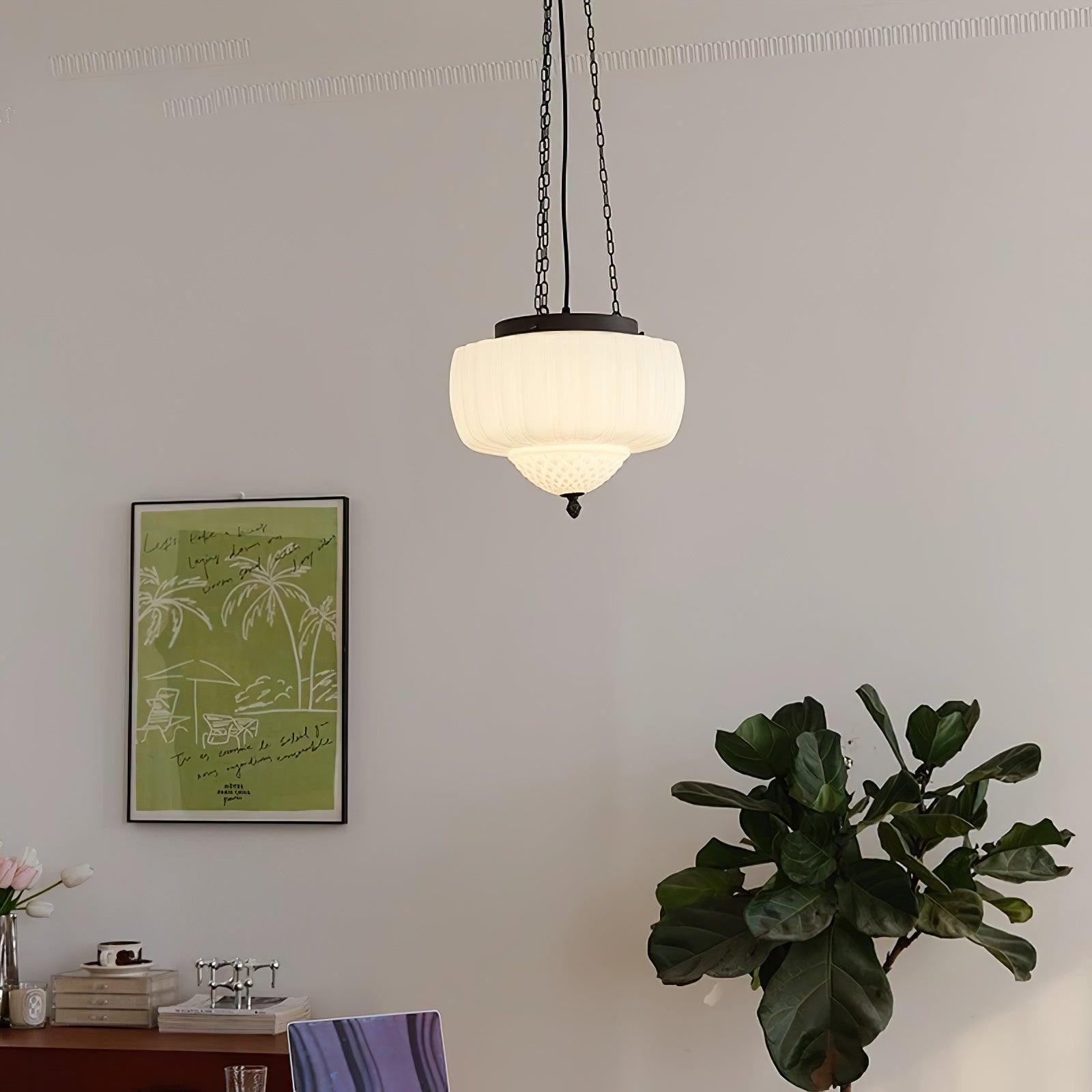 Marlo Fluted White Glass Ceiling Pendant Light with Elegant Black Metal Frame