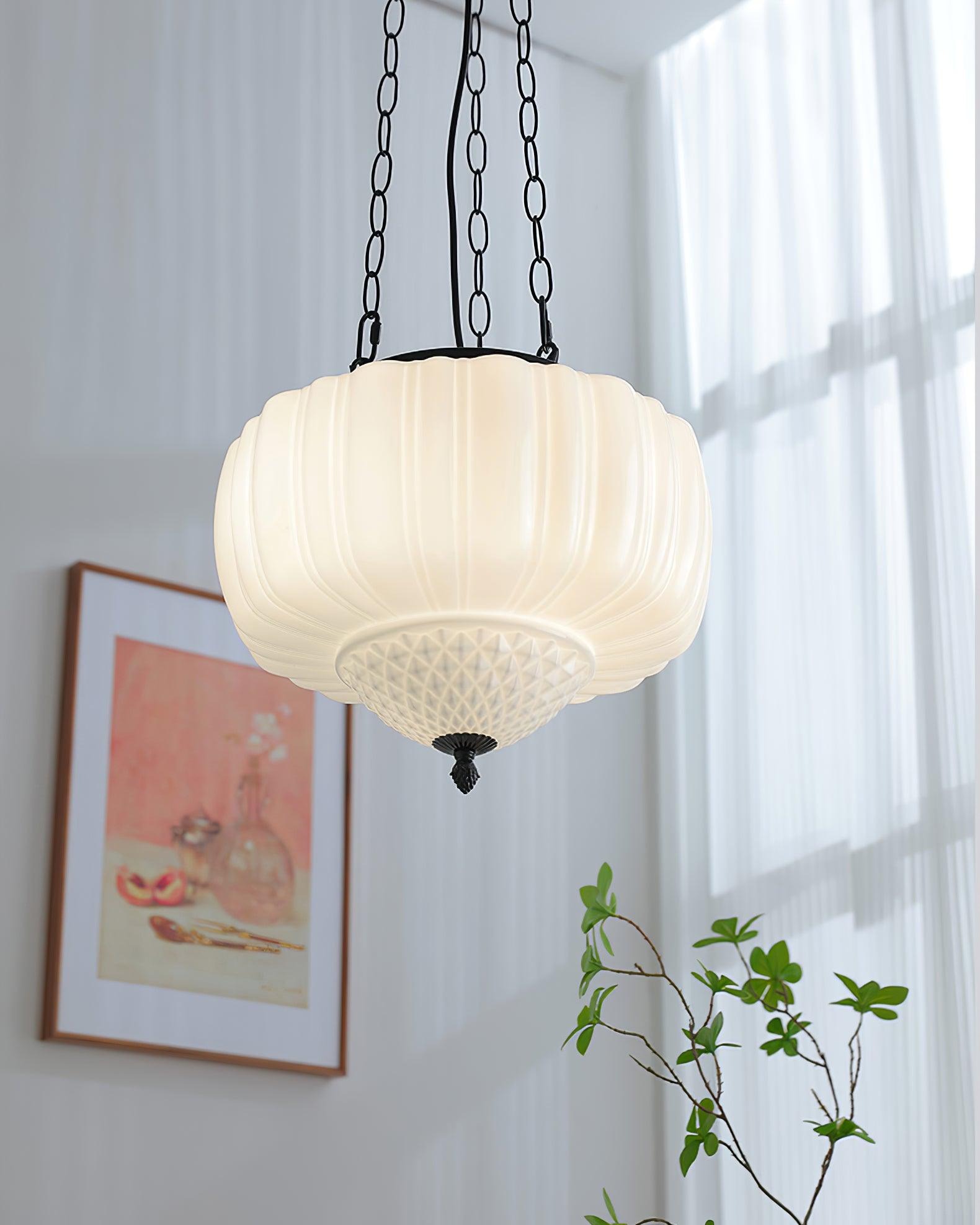 Marlo Fluted White Glass Ceiling Pendant Light with Elegant Black Metal Frame