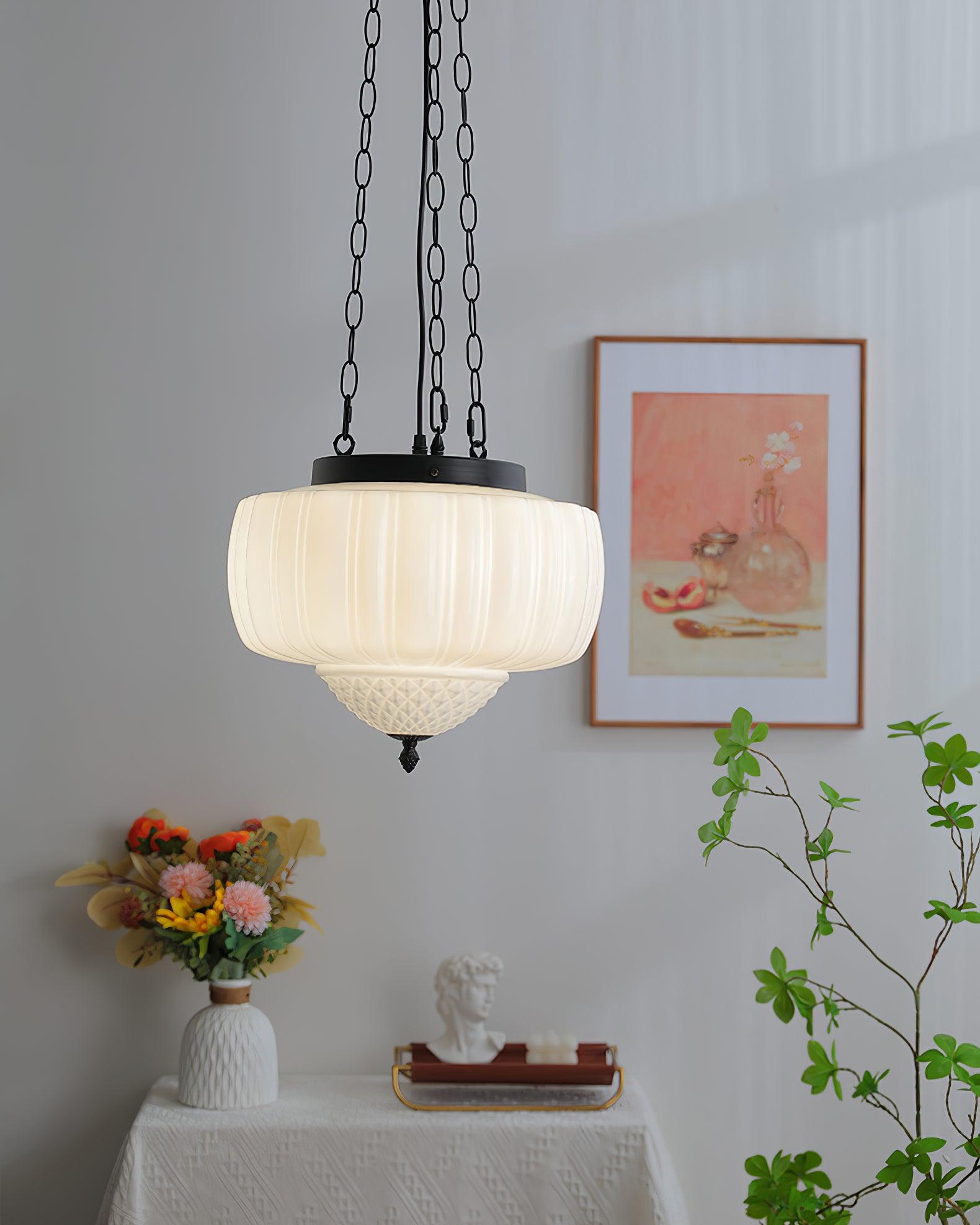 Marlo Fluted White Glass Ceiling Pendant Light with Elegant Black Metal Frame