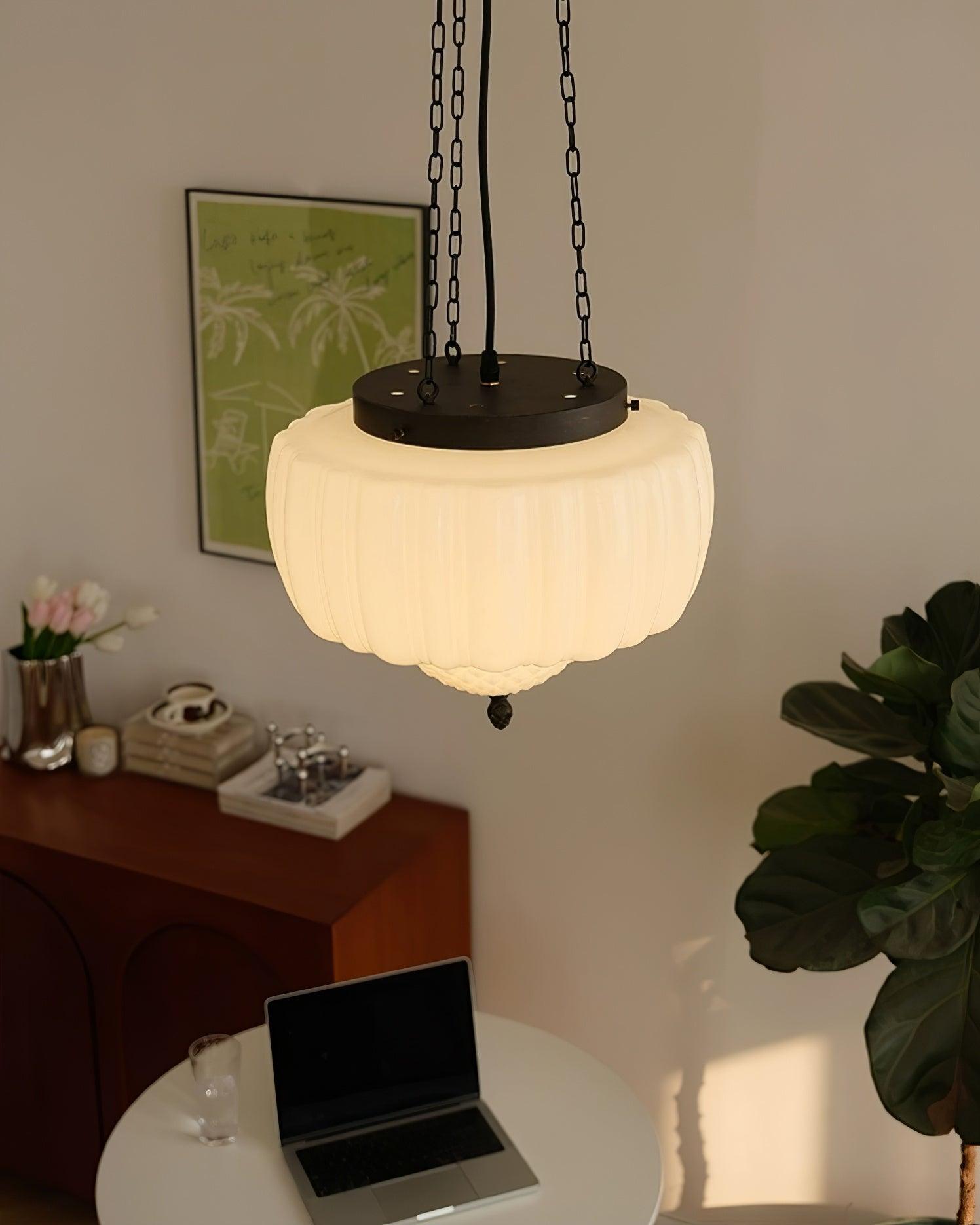 Marlo Fluted White Glass Ceiling Pendant Light with Elegant Black Metal Frame