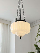 Marlo Fluted White Glass Ceiling Pendant Light with Elegant Black Metal Frame