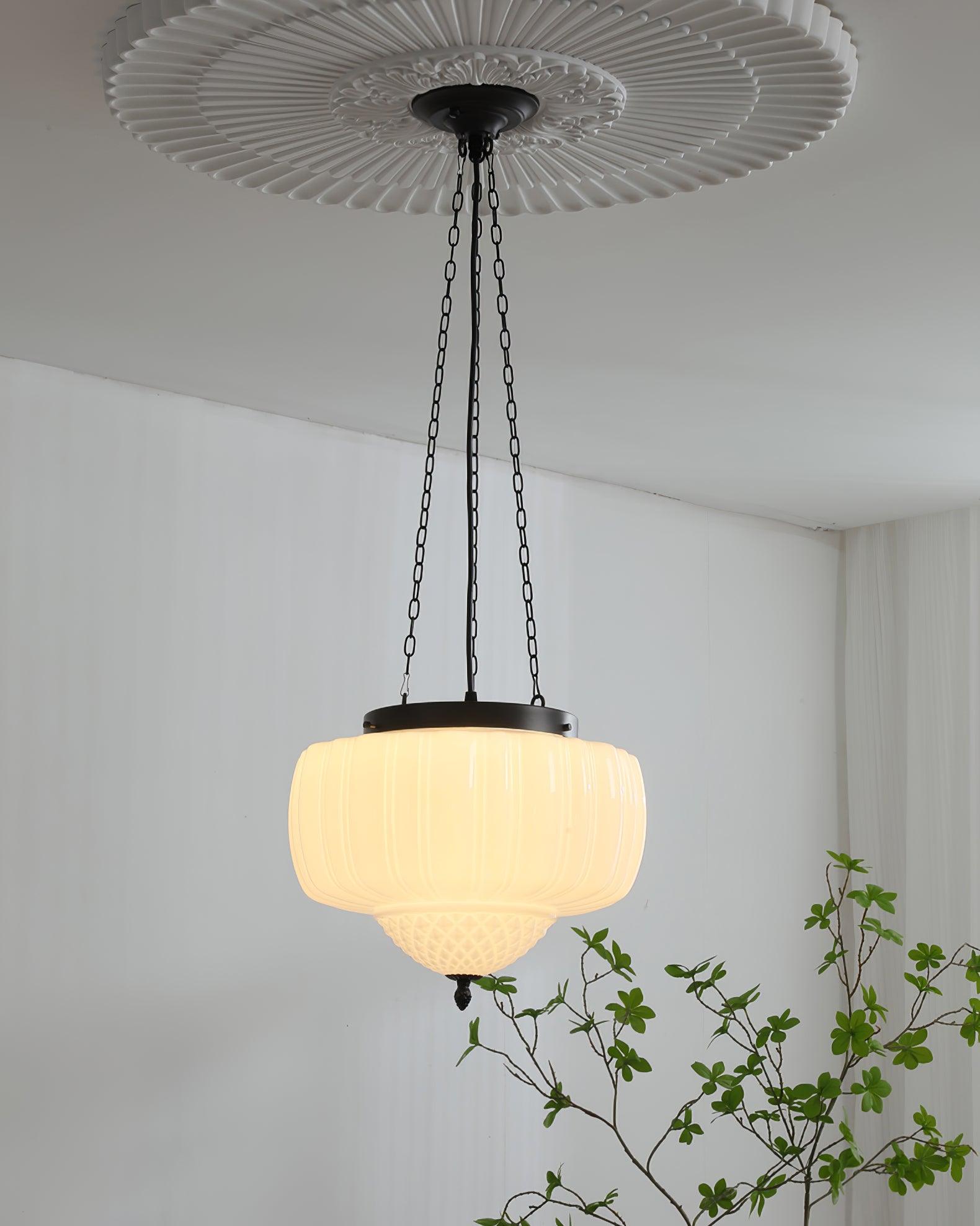 Marlo Fluted White Glass Ceiling Pendant Light with Elegant Black Metal Frame