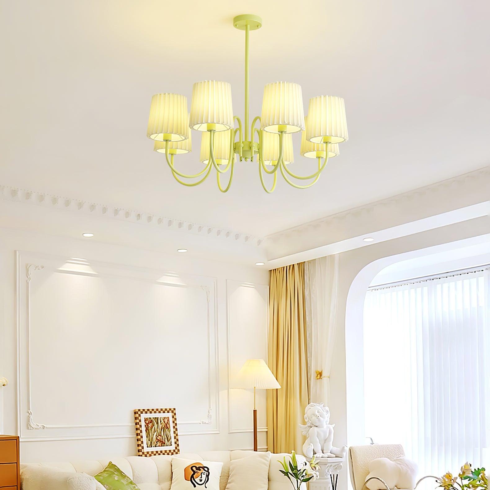 Matcha Green Pleated Fabric Chandelier Modern Multi Head Pendant Ceiling Light