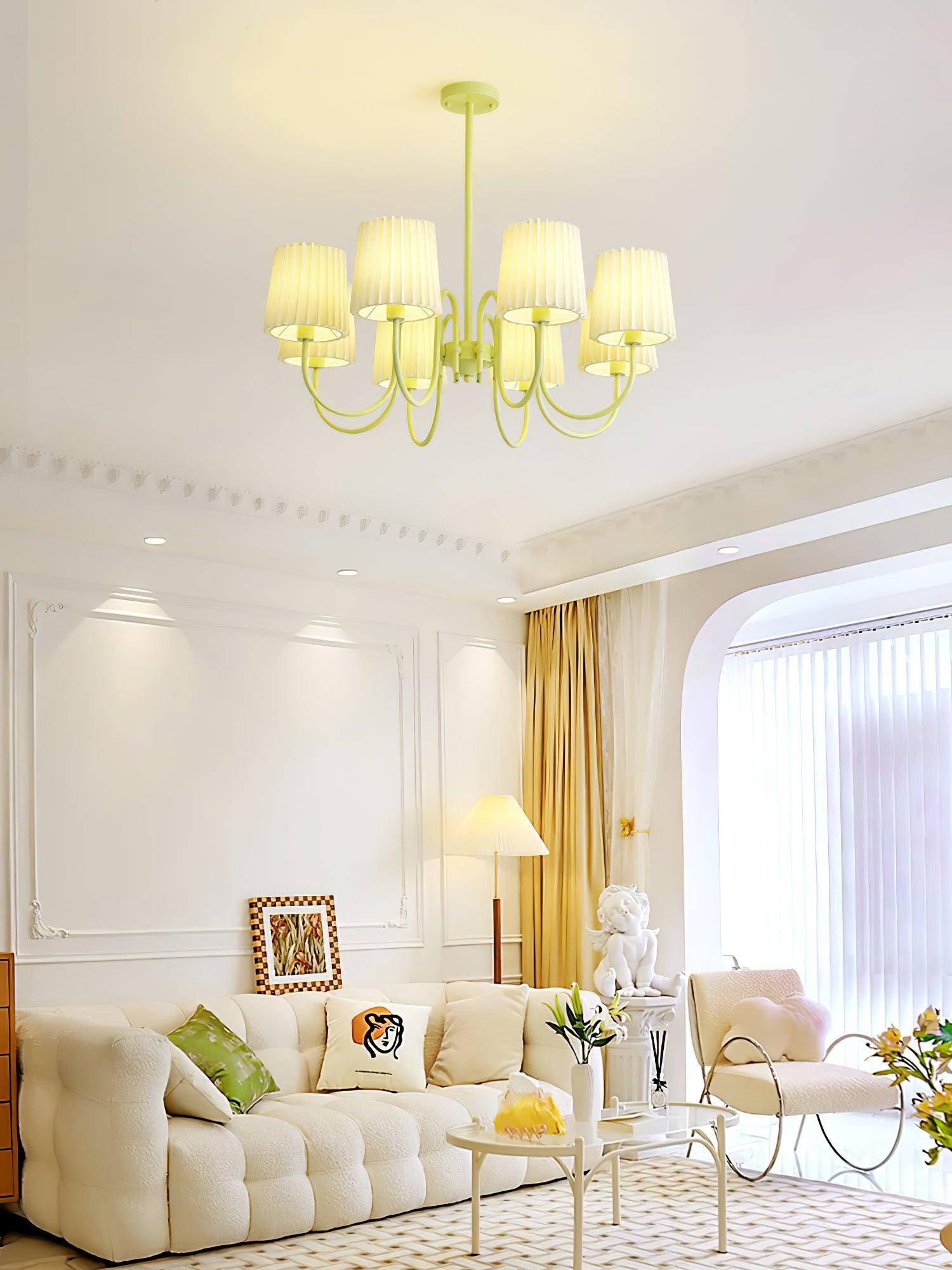 Matcha Green Pleated Fabric Chandelier Modern Multi Head Pendant Ceiling Light
