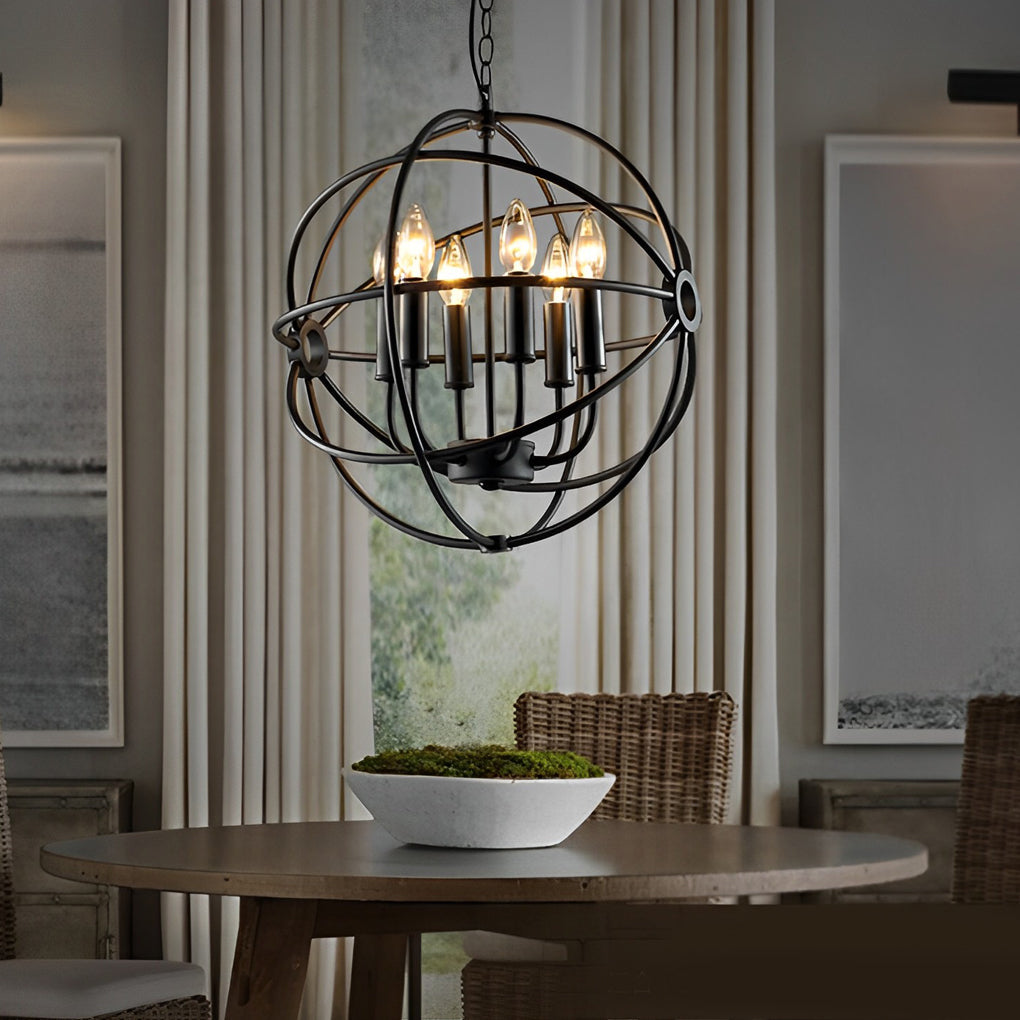Matte Black Metal Birdcage Chandelier Retro Industrial Candlestick Pendant Light for Dining Room