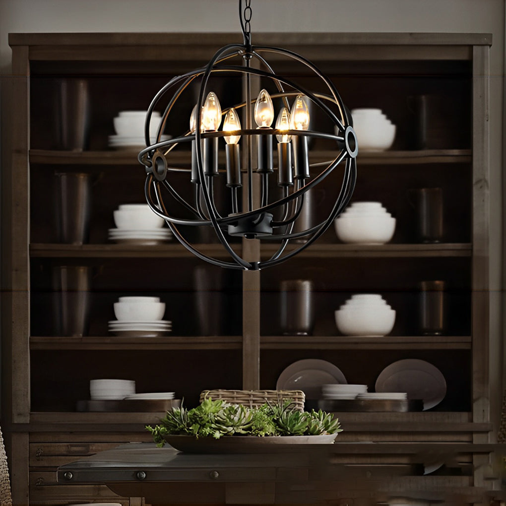 Matte Black Metal Birdcage Chandelier Retro Industrial Candlestick Pendant Light for Dining Room