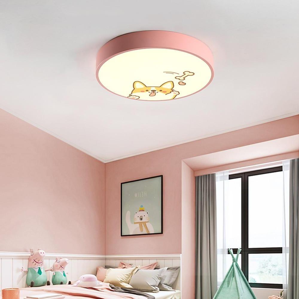 Cute Dog Pattern LED Flush Mount Ceiling Light Circular Metal Drum Fixture for Kids Bedroom