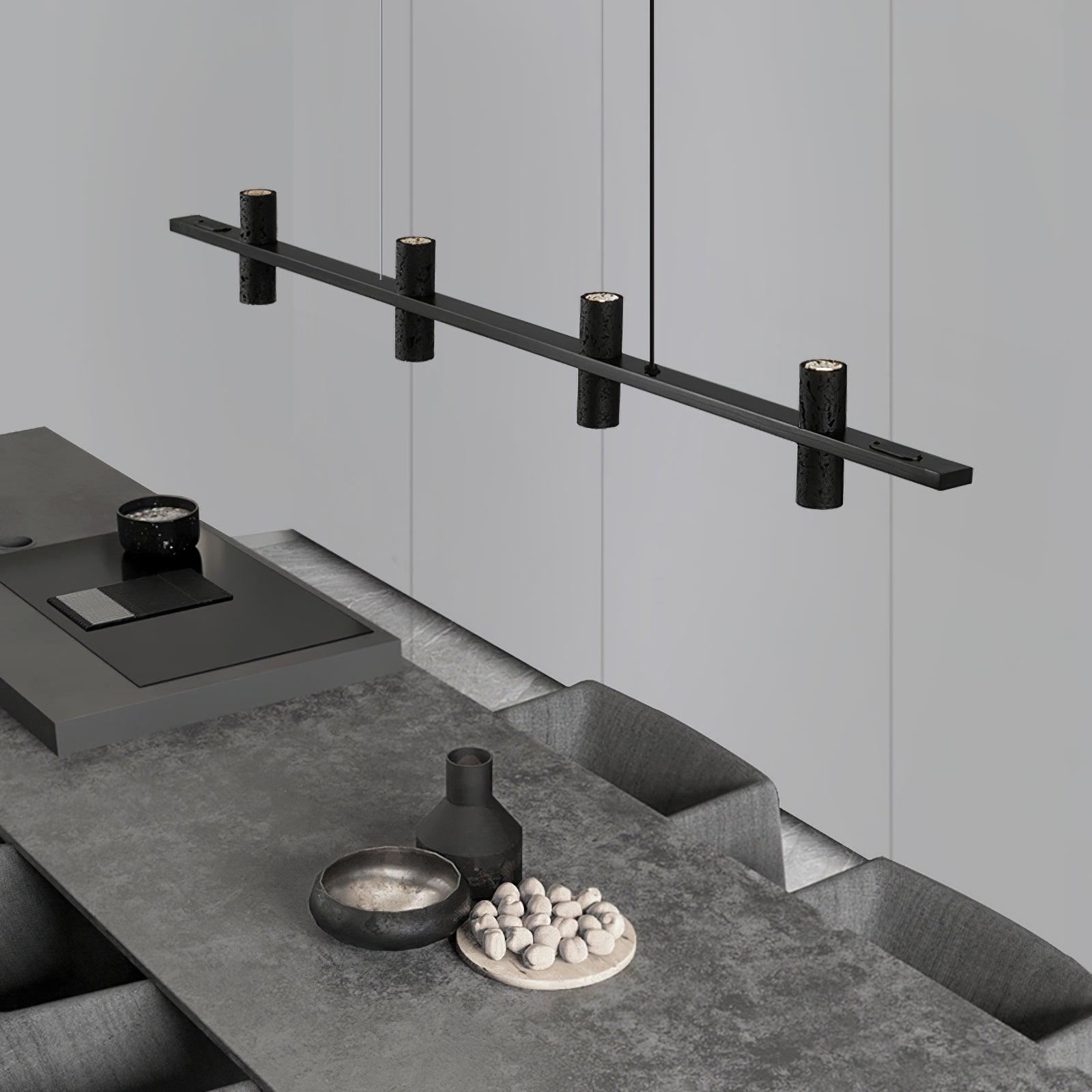 Meta Parallel Modern Linear LED Pendant Light with Natural Black Stone and Copper Accents