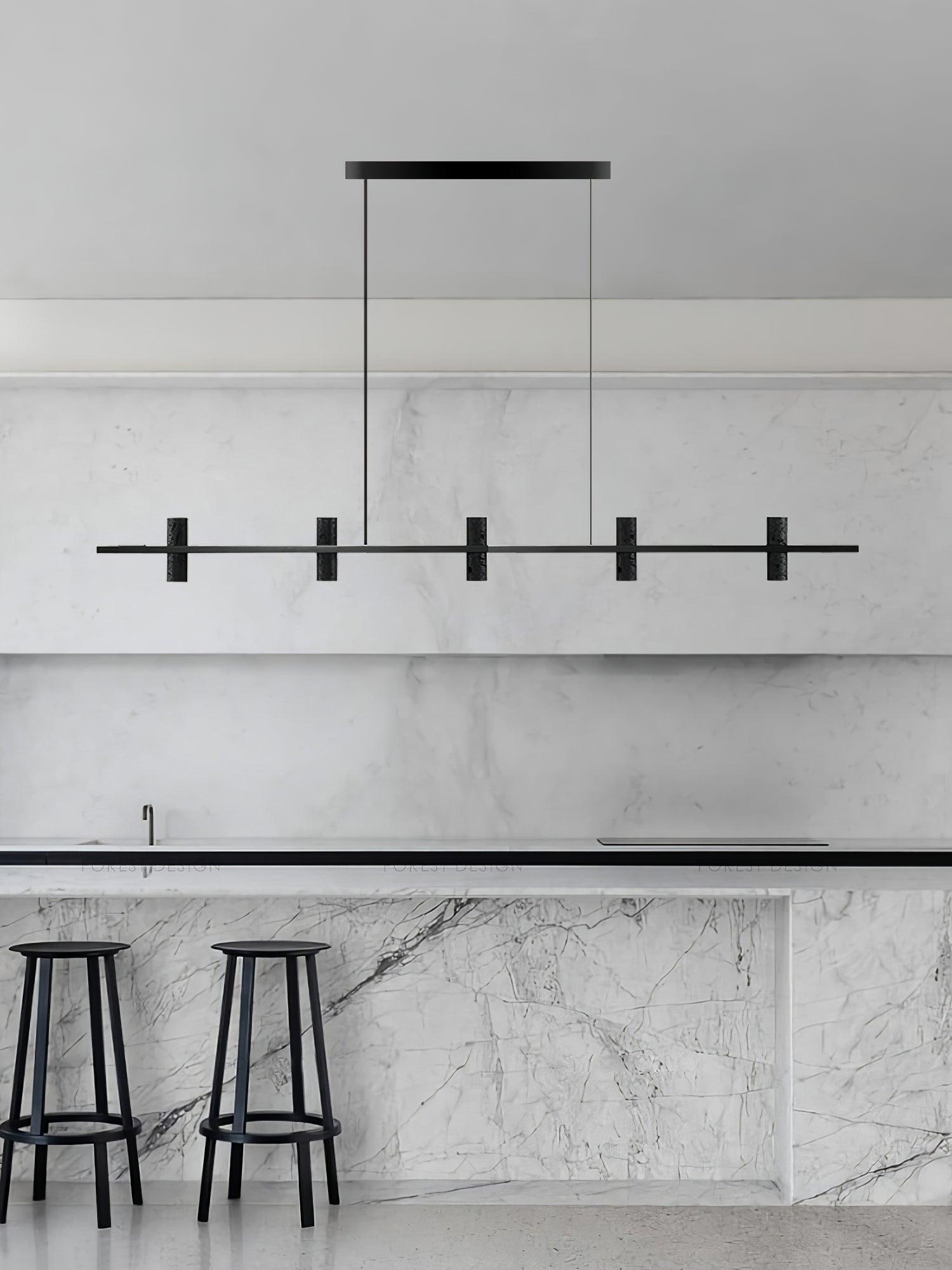 Meta Parallel Modern Linear LED Pendant Light with Natural Black Stone and Copper Accents