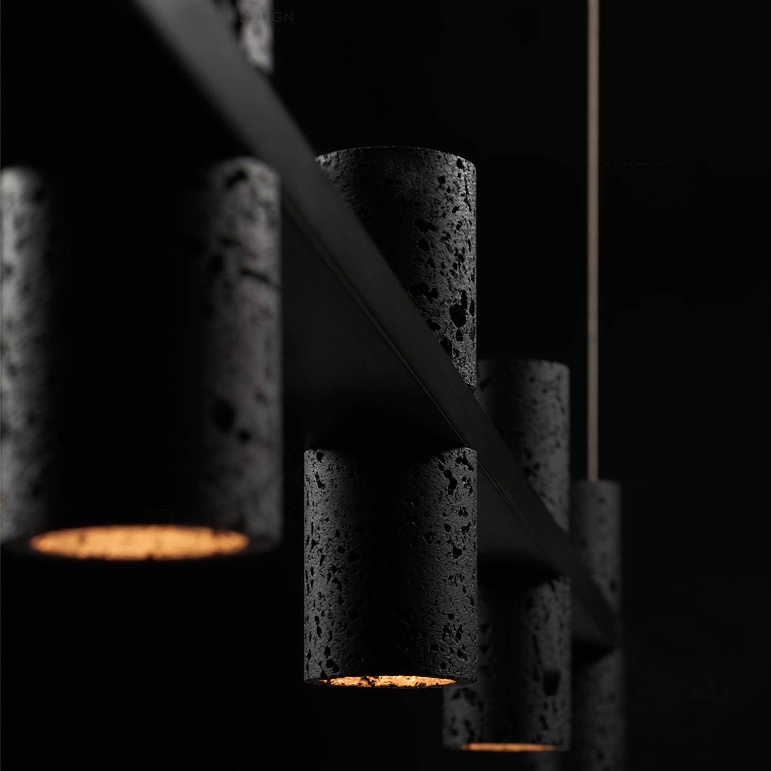 Meta Parallel Modern Linear LED Pendant Light with Natural Black Stone and Copper Accents