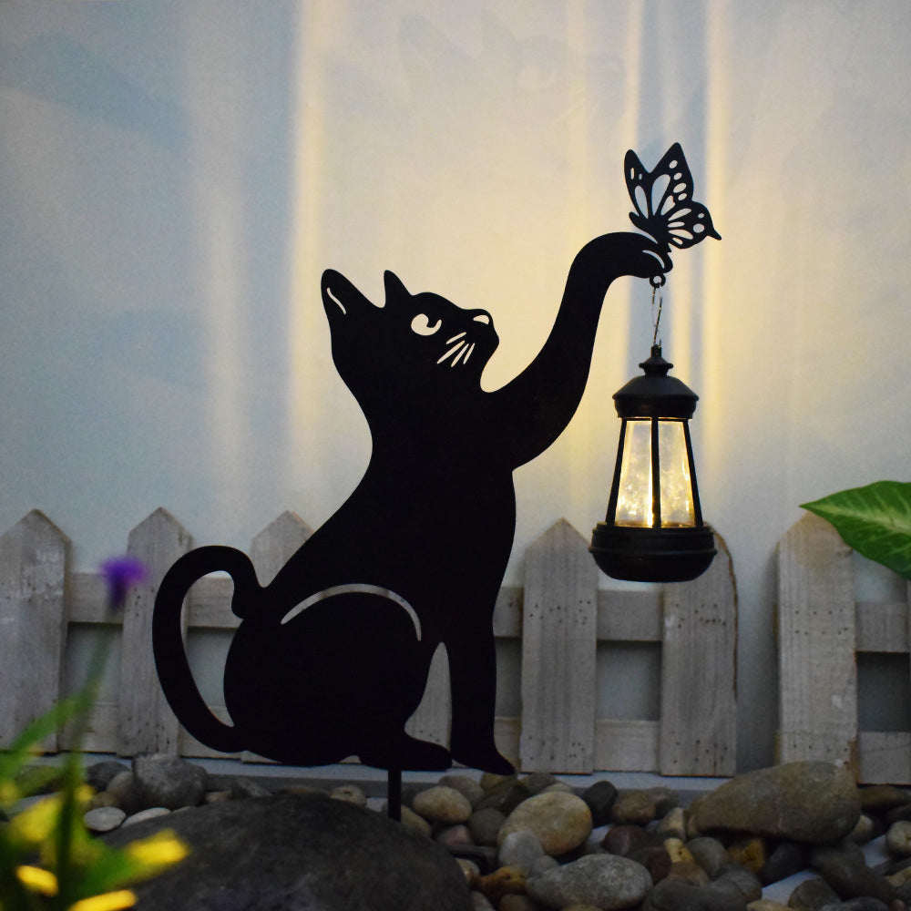 Metal Cat Silhouette Waterproof Solar Hanging Lantern with Warm White LED for Garden Landscape