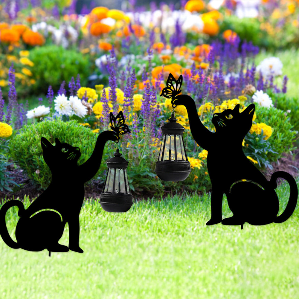Metal Cat Silhouette Waterproof Solar Hanging Lantern with Warm White LED for Garden Landscape