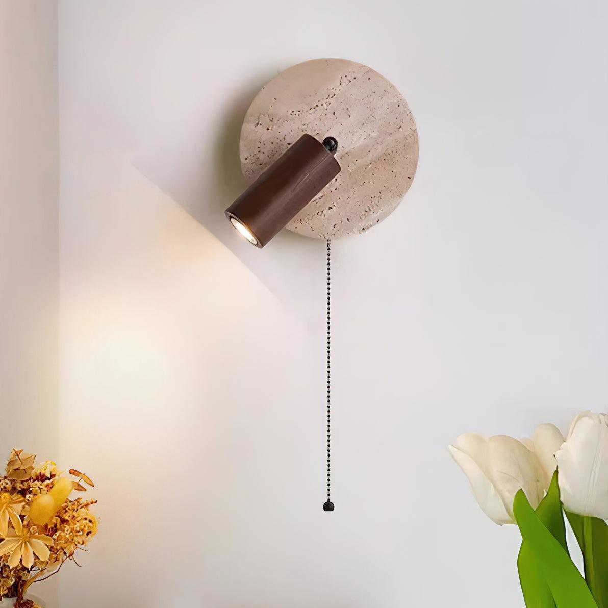 Miadi Natural Yellow Travertine and Wood Wall Lamp with Pull Chain Switch